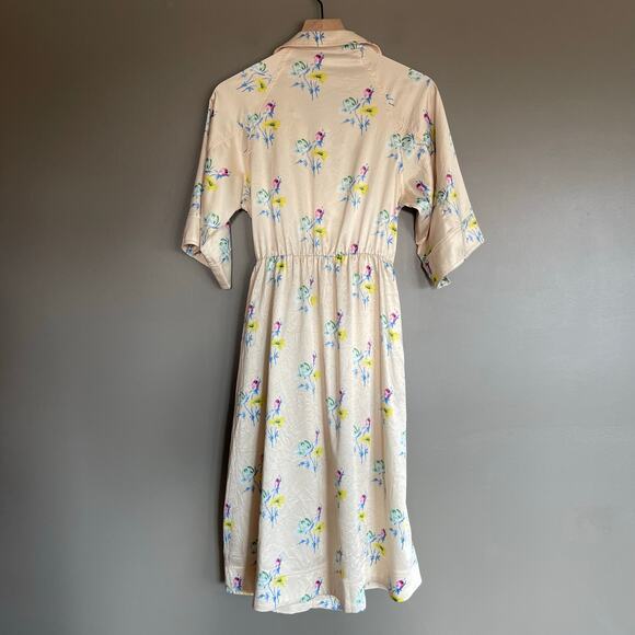 GANNI Floral Crinkle Wrap Dress In Yellow Size Medium Pink Blue Chic Sexy Wrap - Picture 14 of 16